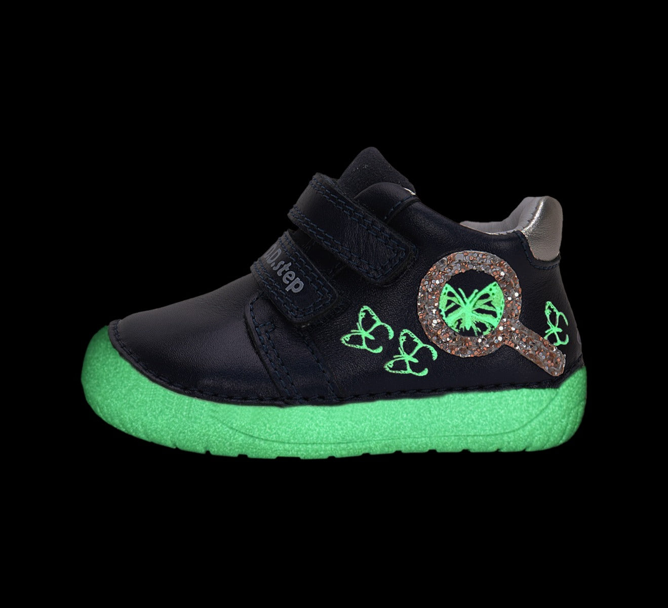 D.D.Step pantofi fete Barefoot cu talpa fluorescenta 20-25 Royal Blue cu fluturi