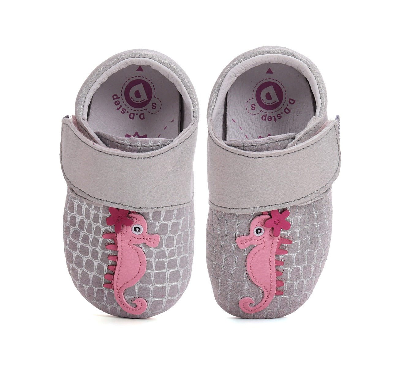 D.D.Step pantofi fete cu talpa moale 18-23 Silver cu calut de mare roz