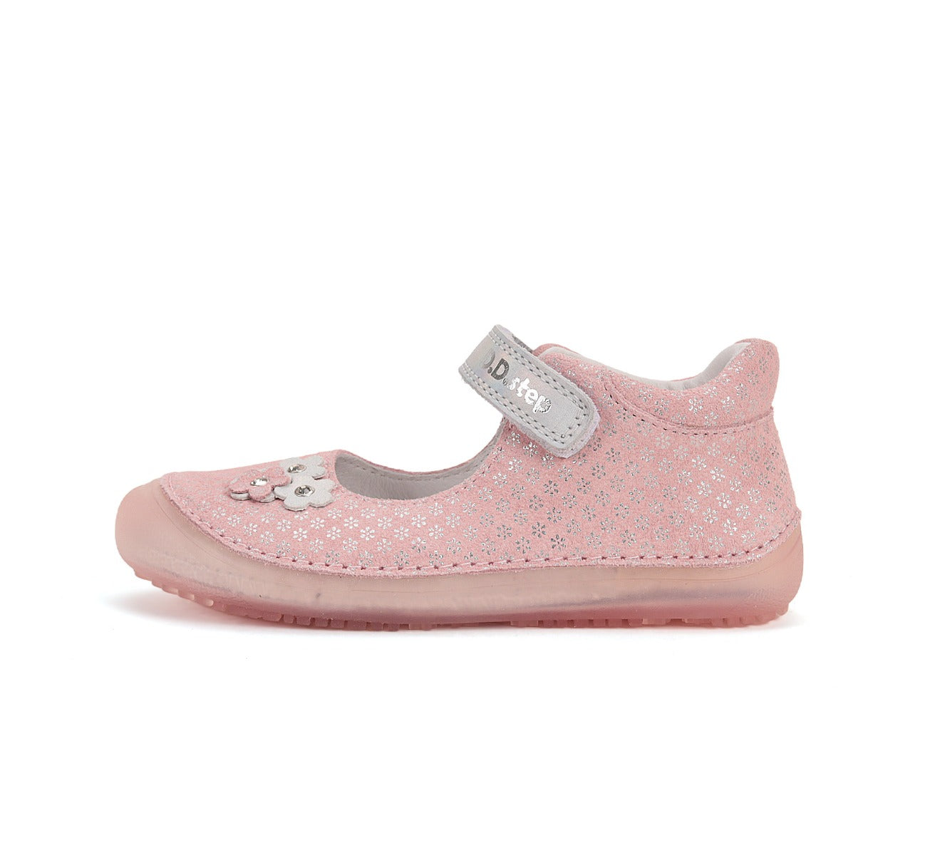 D.D.Step pantofi fete decupati Barefoot 26-31 Metallic pInk cu floricele