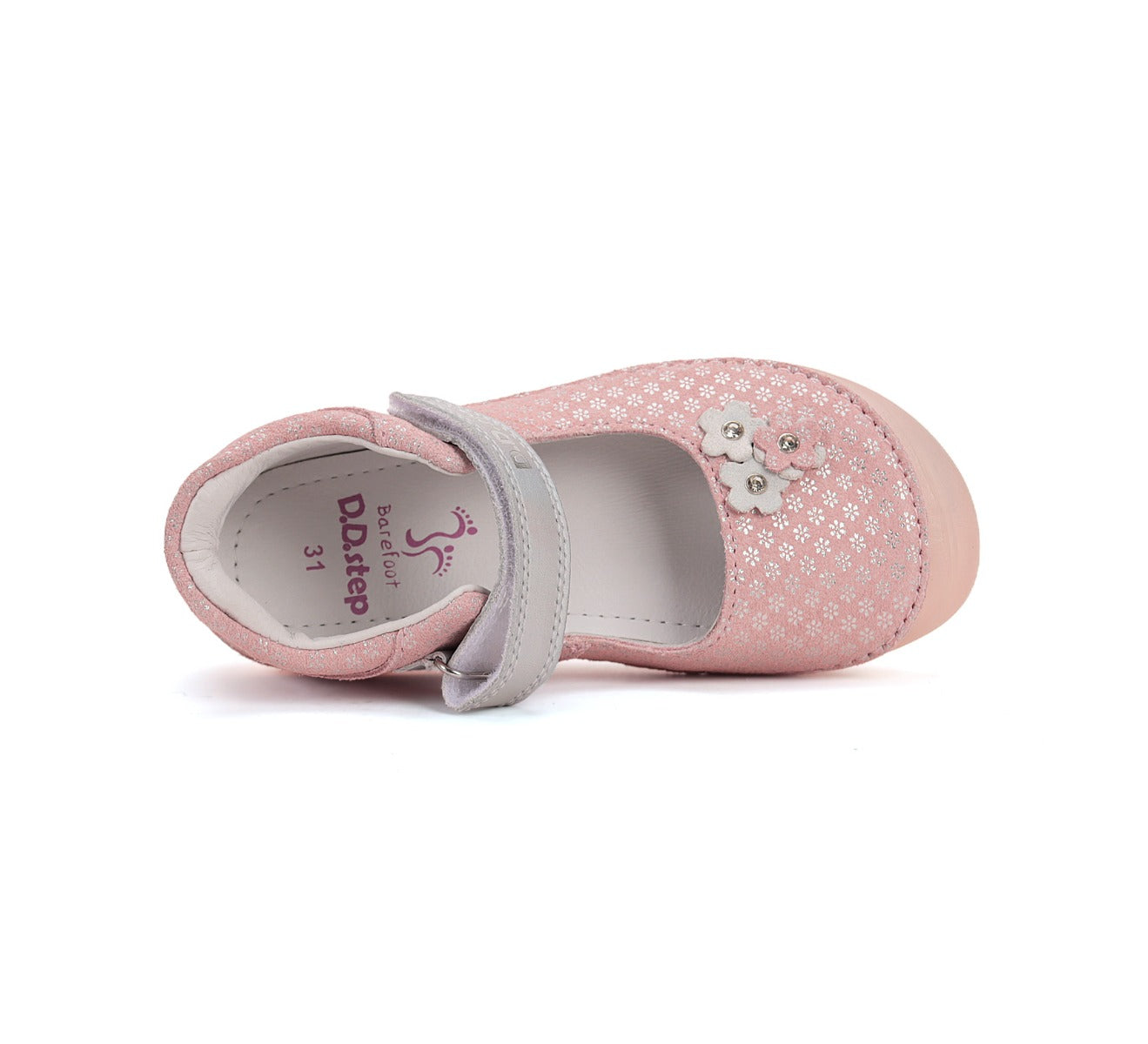 D.D.Step pantofi fete decupati Barefoot 26-31 Metallic pInk cu floricele