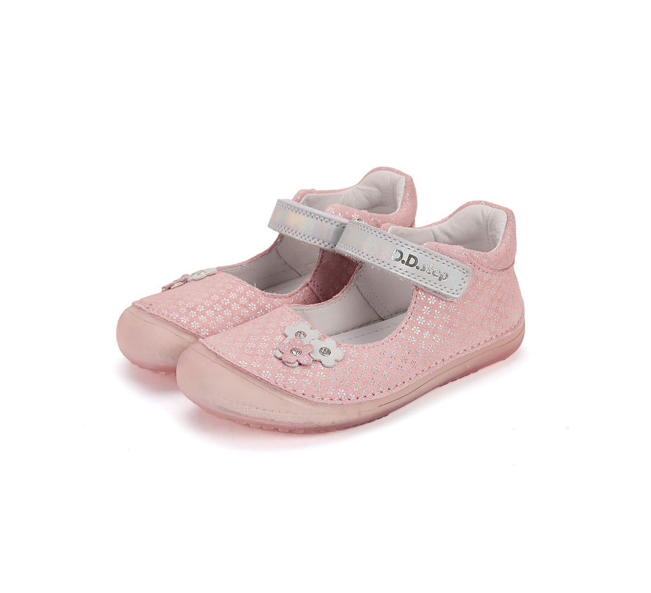 D.D.Step pantofi fete decupati Barefoot 26-31 Metallic pInk cu floricele Imagine principală a produsului