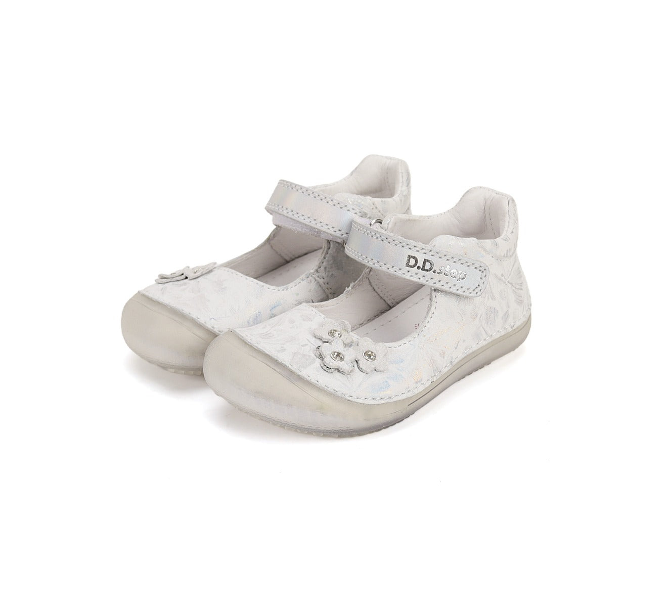 D.D.Step pantofi fete decupati Barefoot 26-31 Silver cu floricele Imagine principală a produsului
