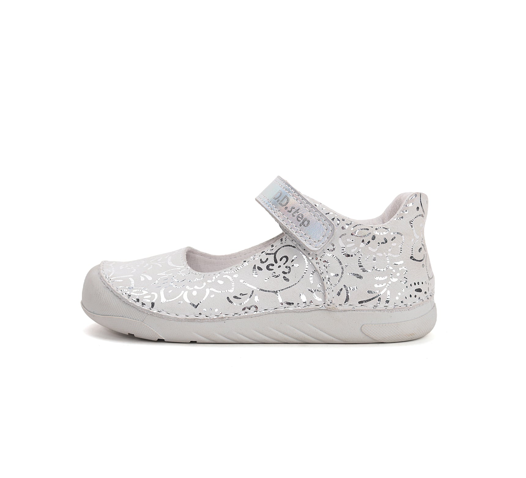 D.D.Step pantofi fete decupati Barefoot 22-33 Dove Grey cu flori printate