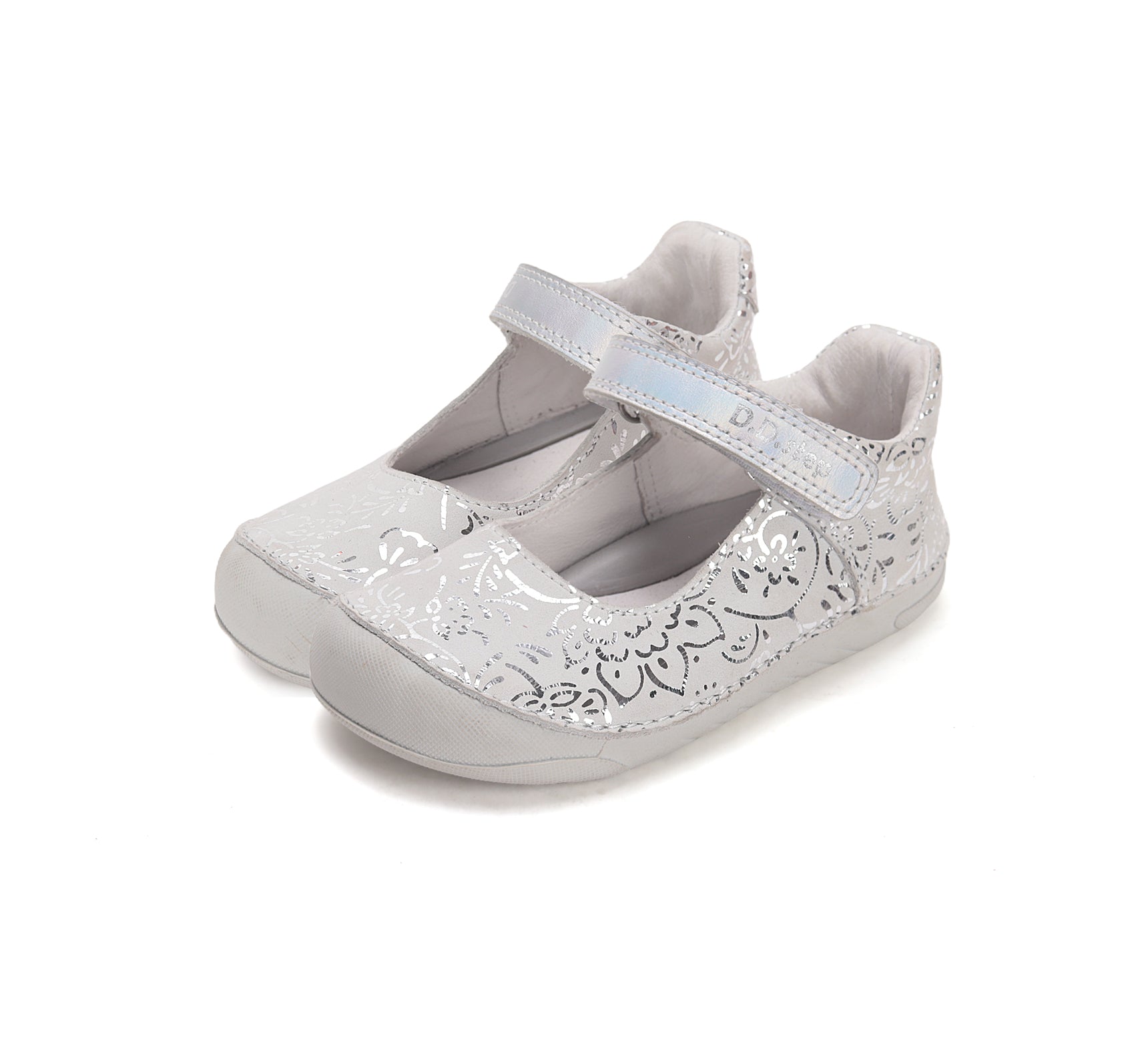 D.D.Step pantofi fete decupati Barefoot 22-33 Dove Grey cu flori printate