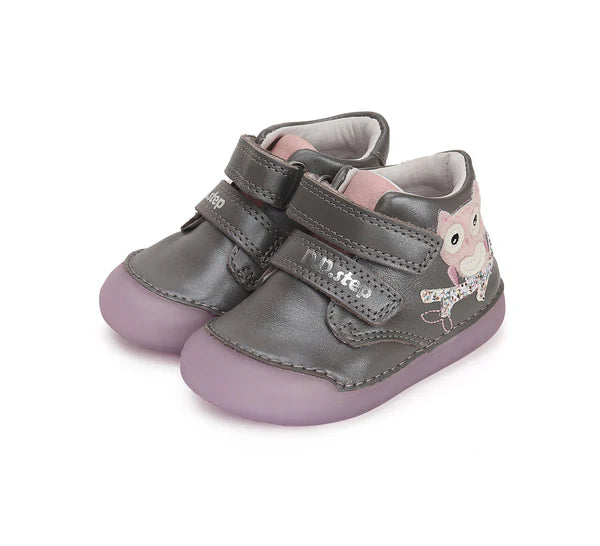D.D.Step pantofi fete fluorescenti Primii Pasi 20-25 Dark Grey cu bufnita