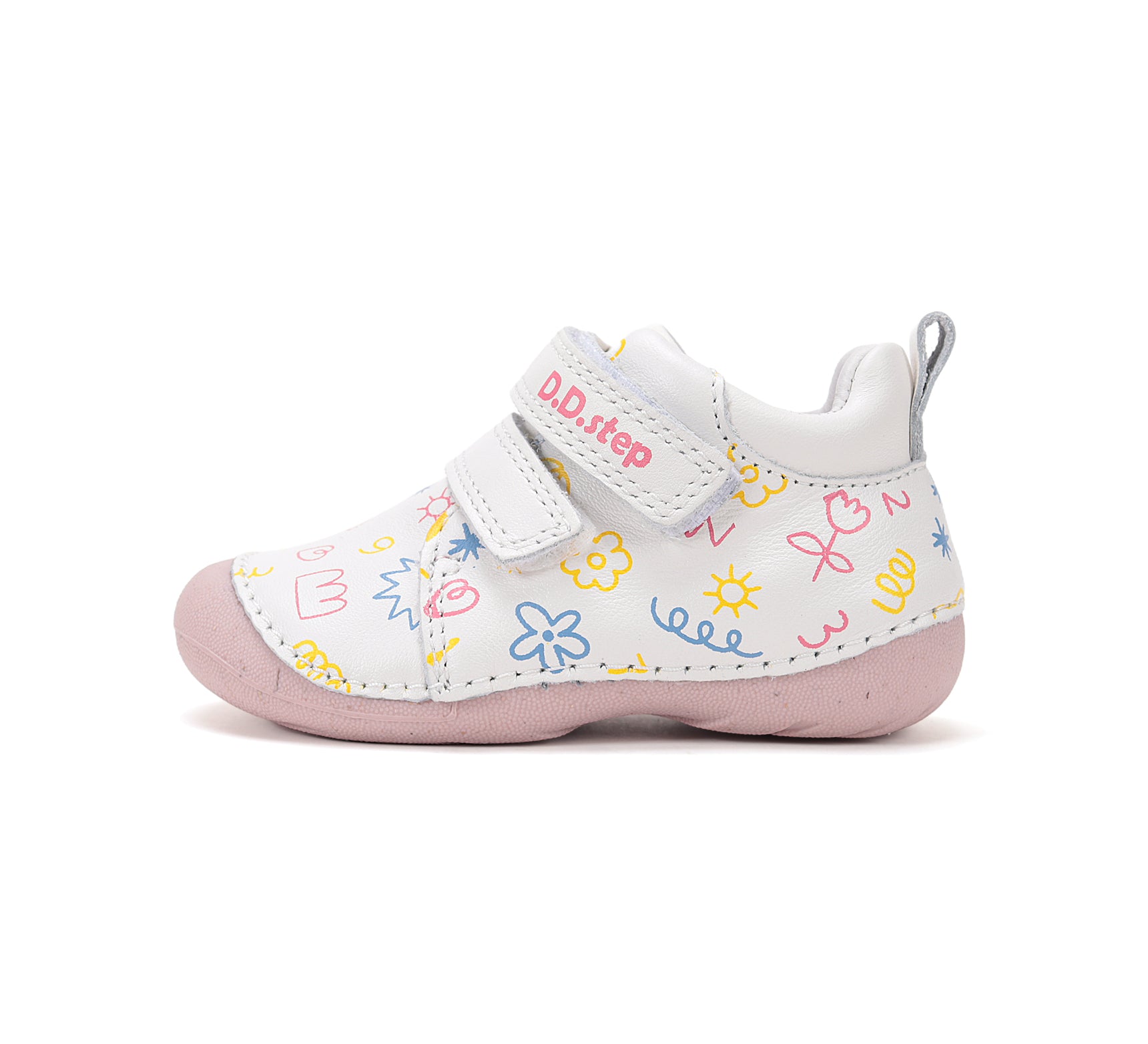 D.D.Step pantofi fete Primii pasi 19-24 White cu flori desenate