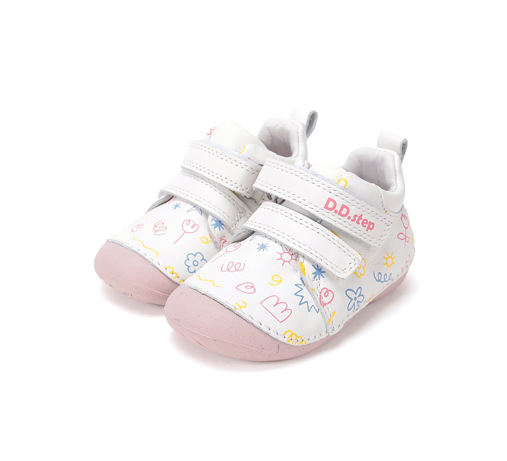 D.D.Step pantofi fete Primii pasi 19-24 White cu flori desenate Imagine principală a produsului