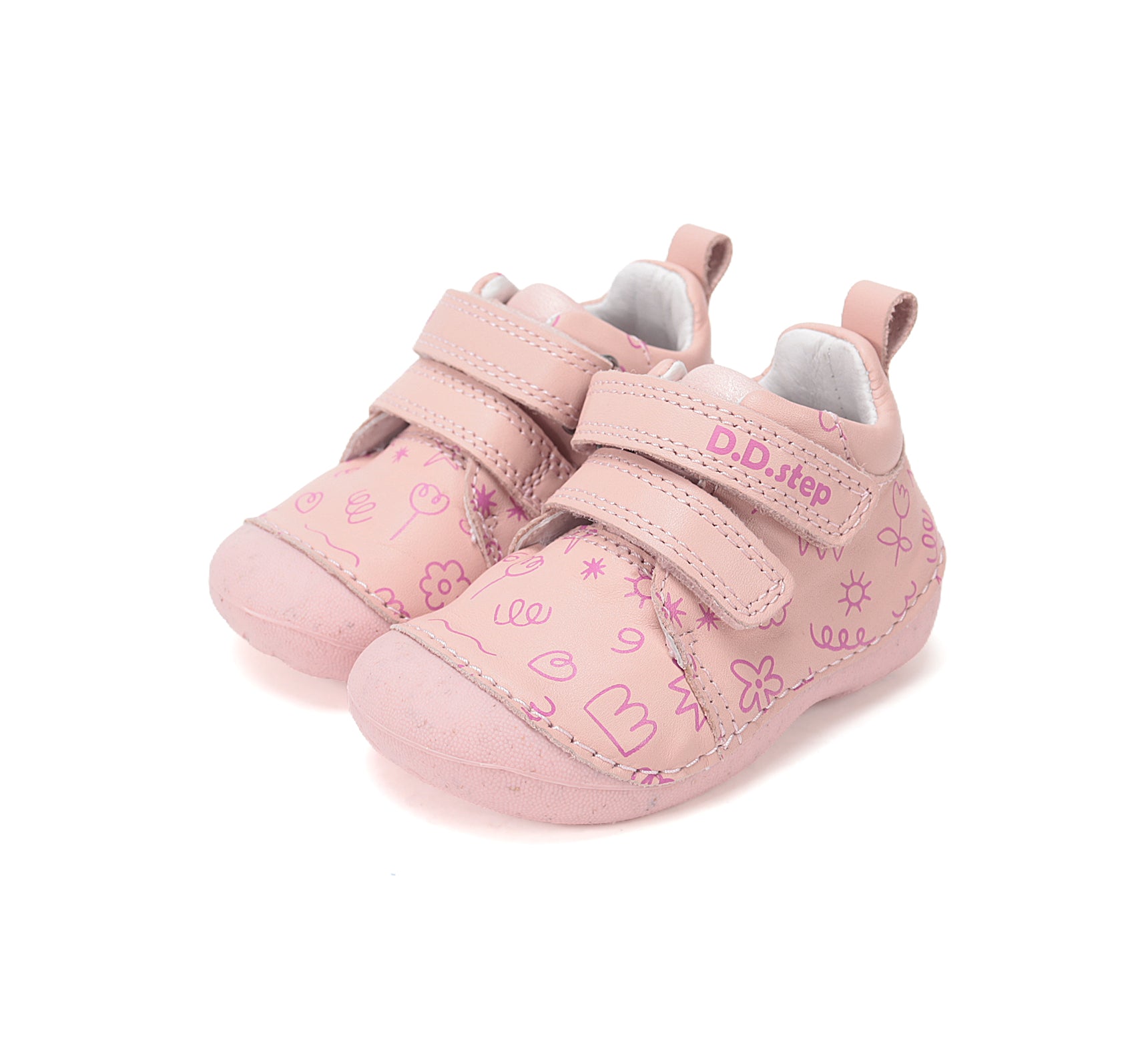 D.D.Step pantofi fete Primii pasi 19-24 Rose Gold cu flori desenate Imagine principală a produsului