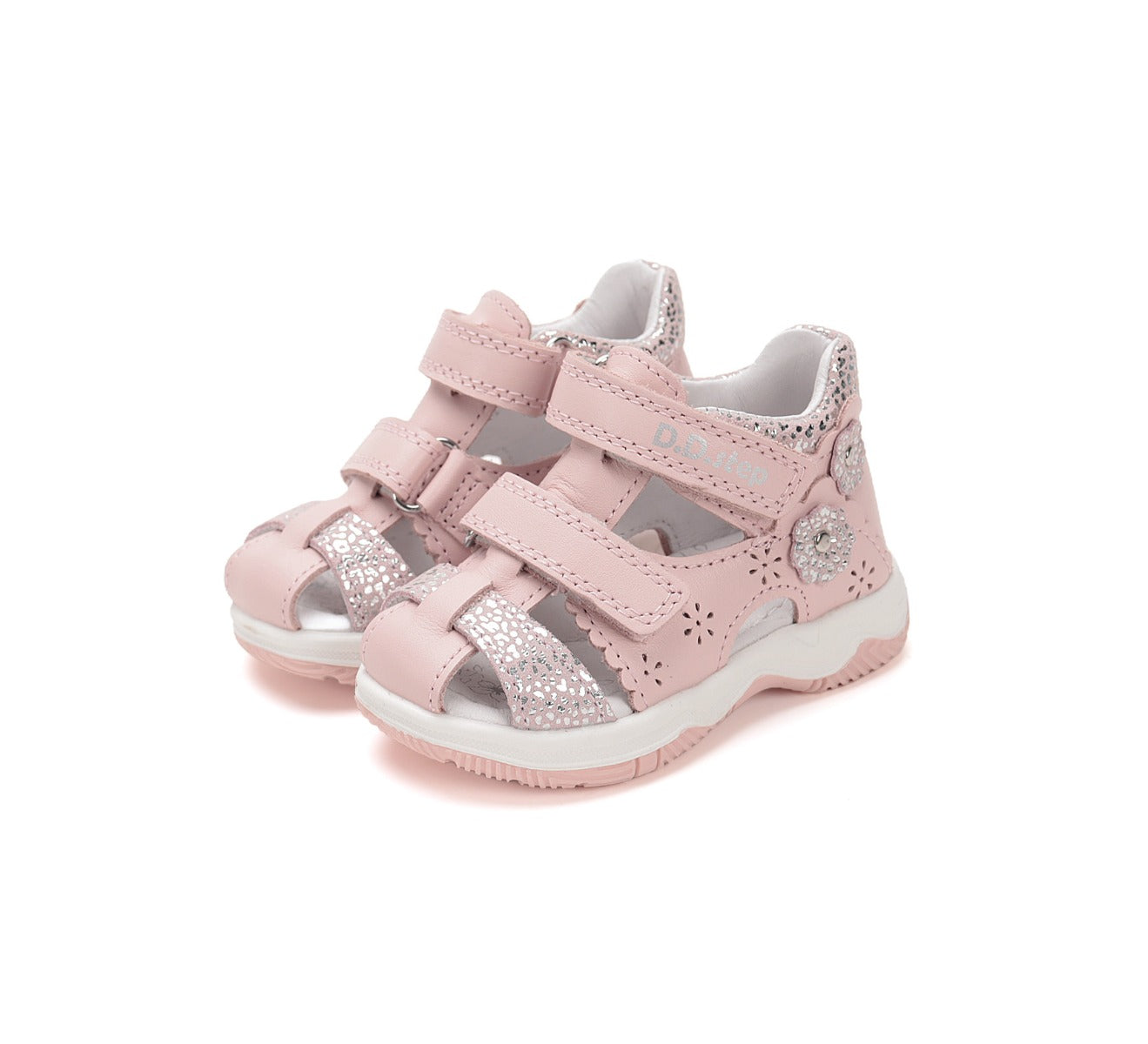 D.D.Step sandale fete 25-30 Baby Pink cu floaricele argintii Imagine principală a produsului