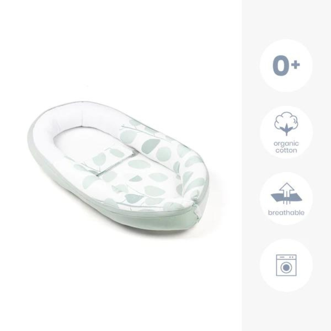 Doomoo Baby Nest din bumbac organic Cocoon 0m+ Leaves Aqua Green