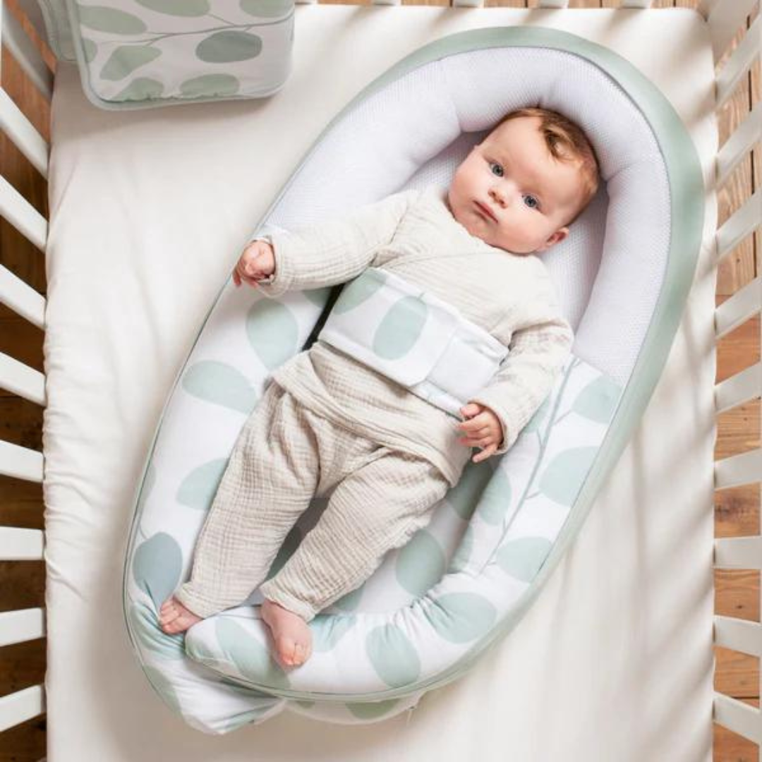 Doomoo Baby Nest din bumbac organic Cocoon 0m+ Leaves Aqua Green