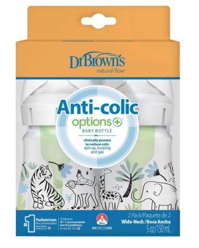 Dr. Brown's 2 biberoane sticla Options+ gat larg Natural Flow Anti-Colic 150 ml 1/0m+ Safari