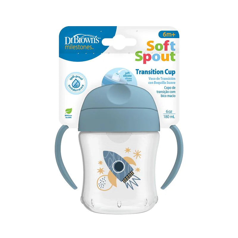 Dr. Brown's canita tranzitie cu cioc moale si manere SOFT SPOUT 180 ml 6m+ Blue cu naveta