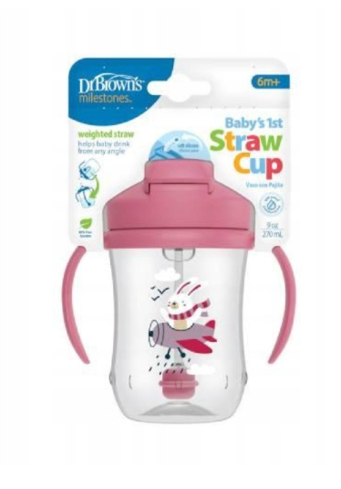 Dr. Brown's prima canita cu pai si maner 270 ml Straw Cup 6m+ Roz cu Iepuras