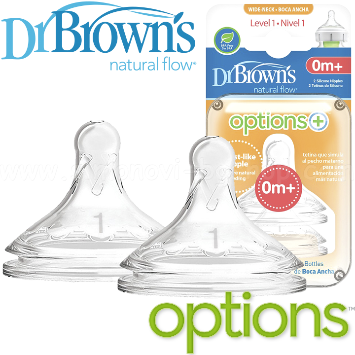 Dr. Brown's tetina silicon Options+ cu gat larg  nivel 1 0m+ 02