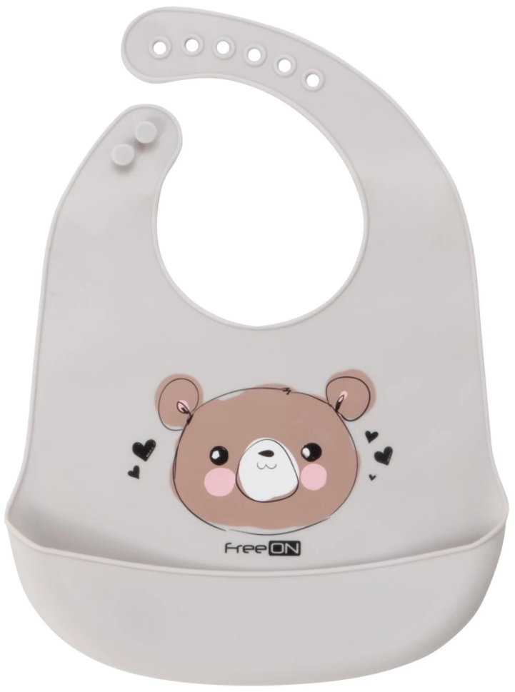 FreeON baveta silicon cu buzunar Animals 6m+, Grey cu ursulet  Imagine principală a produsului