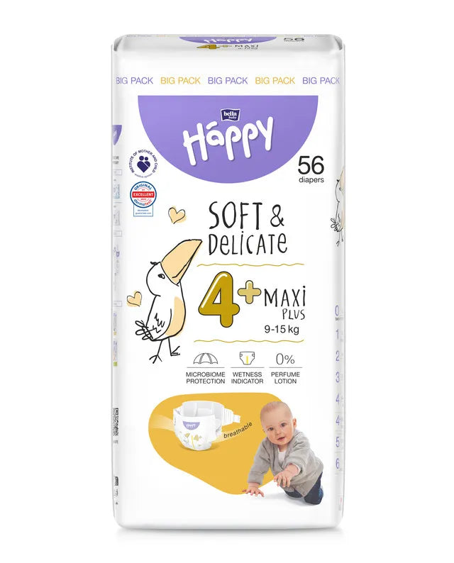 Happy scutec copii Soft&Delicate Maxi 4 pentru 9-15 kg 56 buc