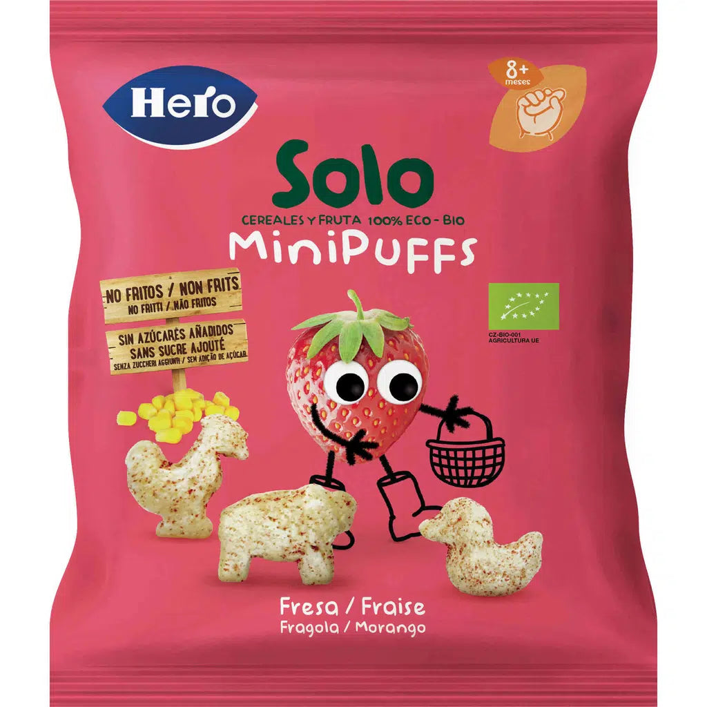 Hero Baby snack bio MiniPuffs cu capsuni 8m luni+, 18 g