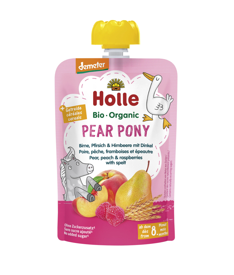 Holle Bio piure fructe de pere, piersici, zmeura cu grau spelta 