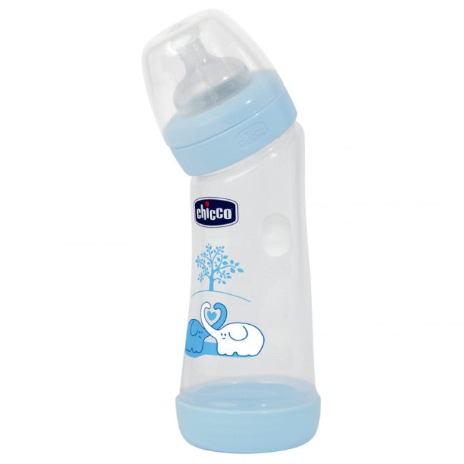 Chicco Biberon Well Being PP, in unghi, 250ml tetina silicon, flux normal, 0m+ albastru