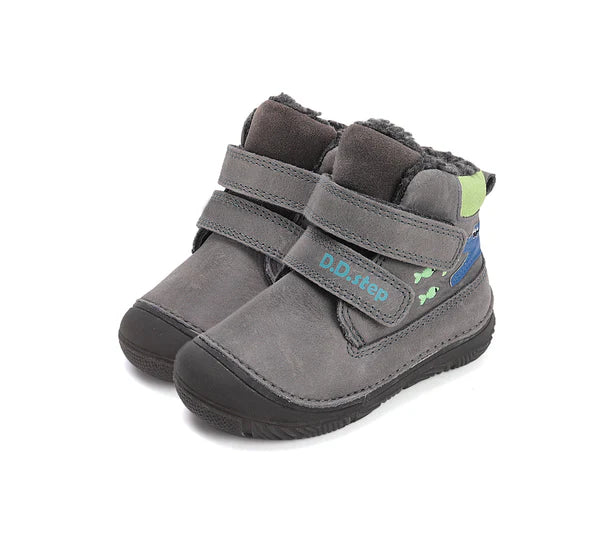D.D.Step ghete baieti imblanite cu talpa fluorescenta 20-25 Dark Grey cu crocodil si pesti