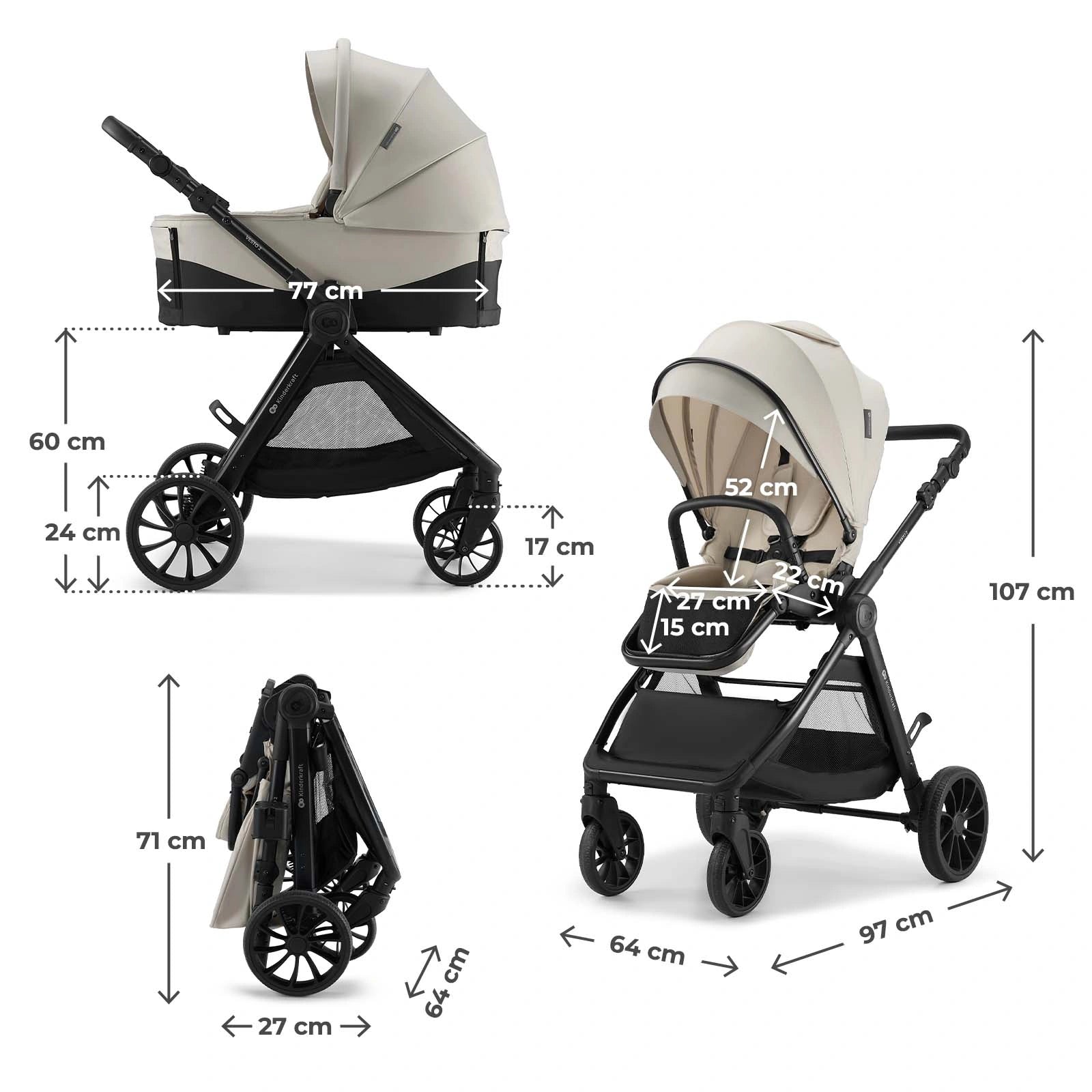Kinderkraft carucior multifunctional 3in1 VESTO 2 - 0m+ Beige Imagine secundară a produsului