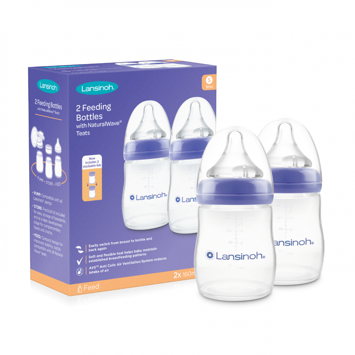 Lansinoh pachet de 2 biberoane cu tetina NaturalWave S de160 ml 1m+