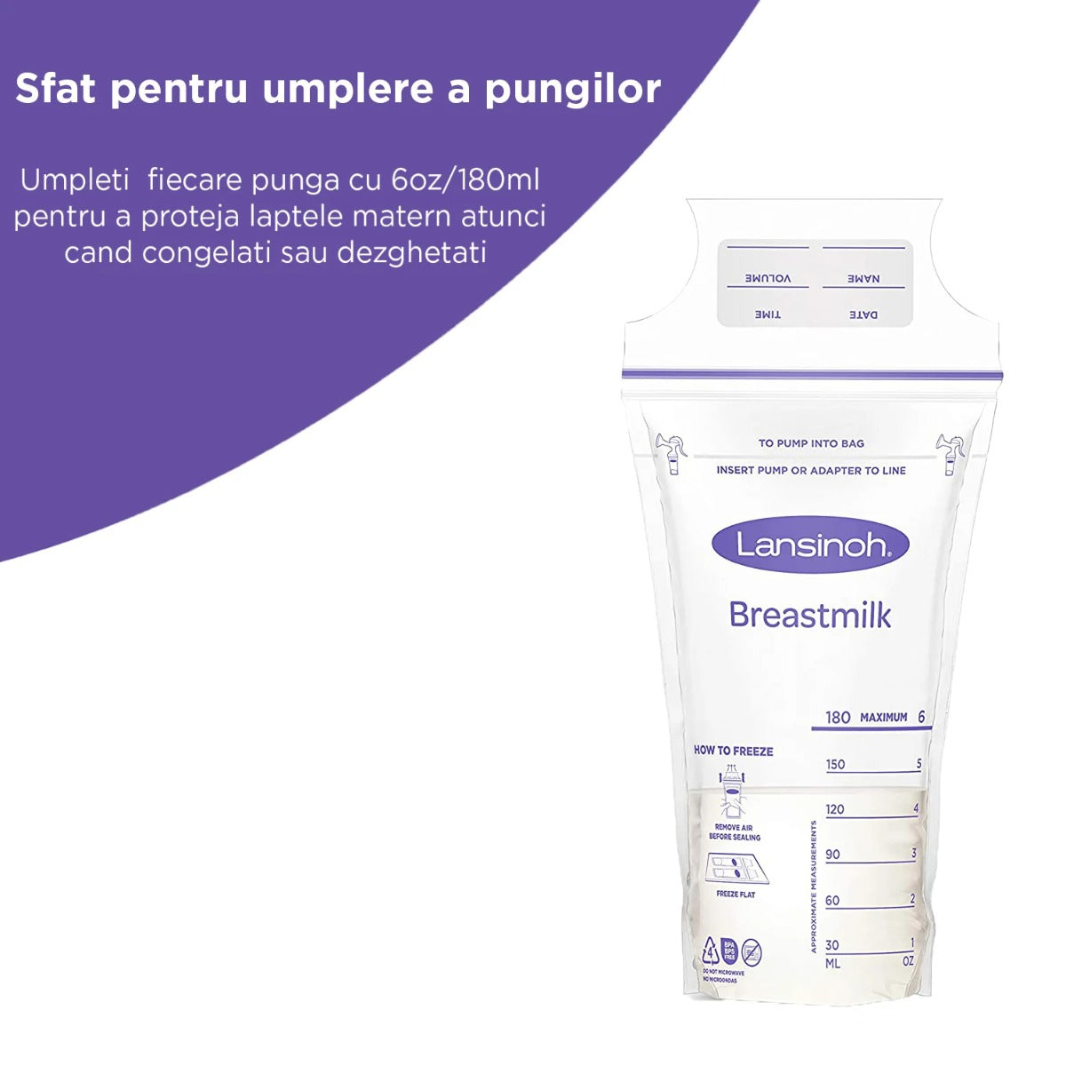 Lansinoh Pungi pentru stocarea laptelui matern de 180 ml  50 buc/set