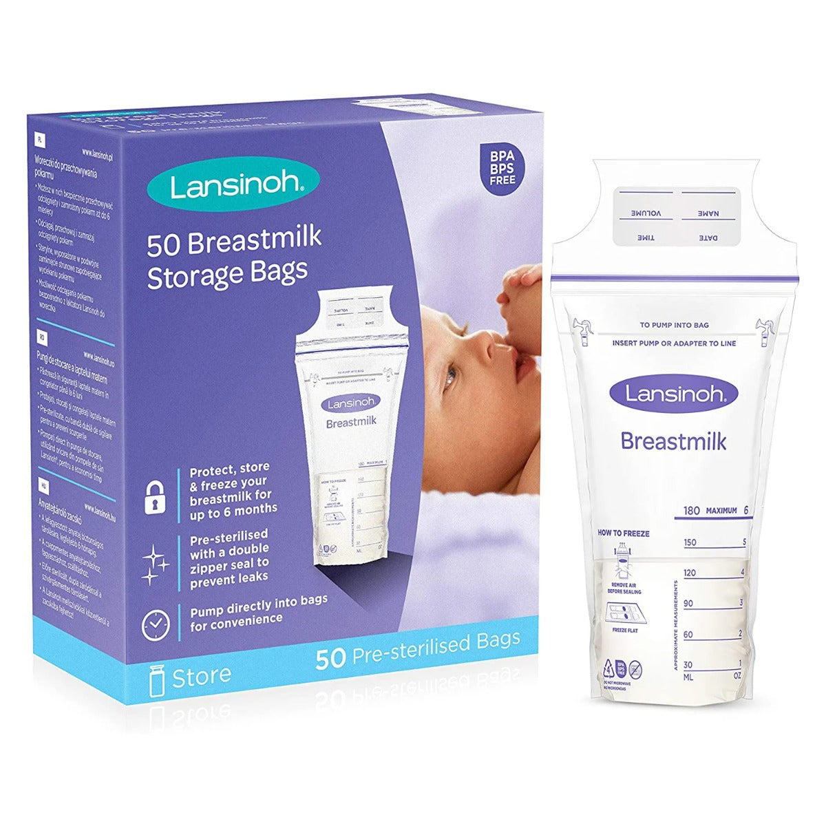 Lansinoh Pungi pentru stocarea laptelui matern de 180 ml  50 buc/set