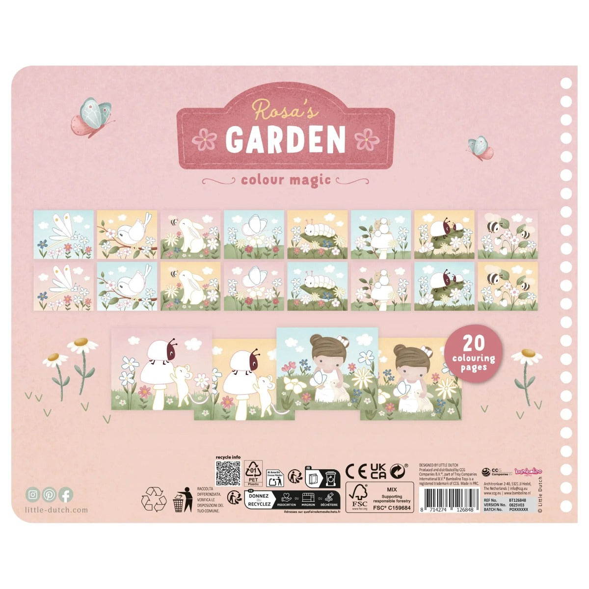 Little Dutch carte de colorat cu 3 creioane si 20 de pagini 2 ani+ Garden Rosa