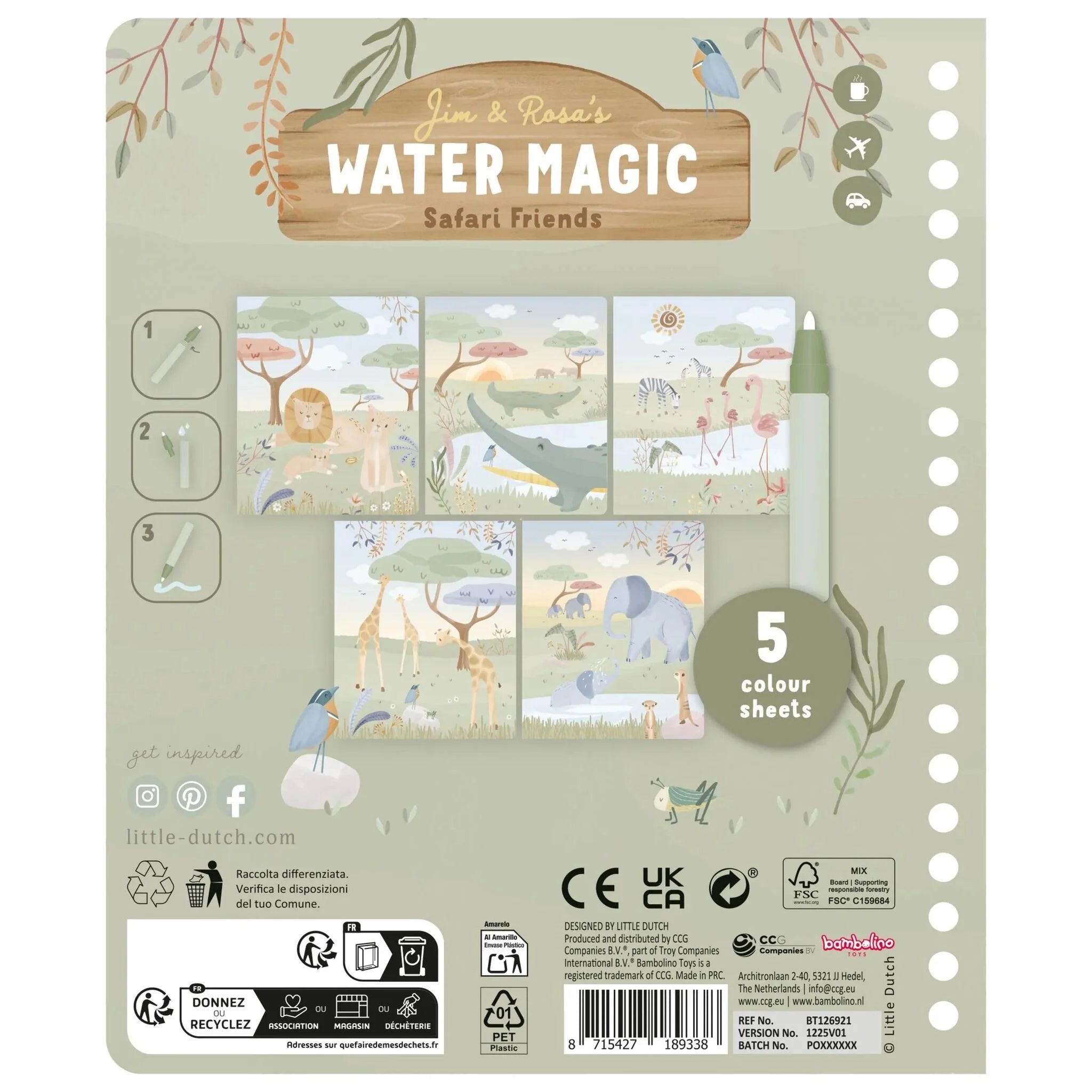Little Dutch carte de colorat magica cu apa 3 ani+ Safari Friends Jim