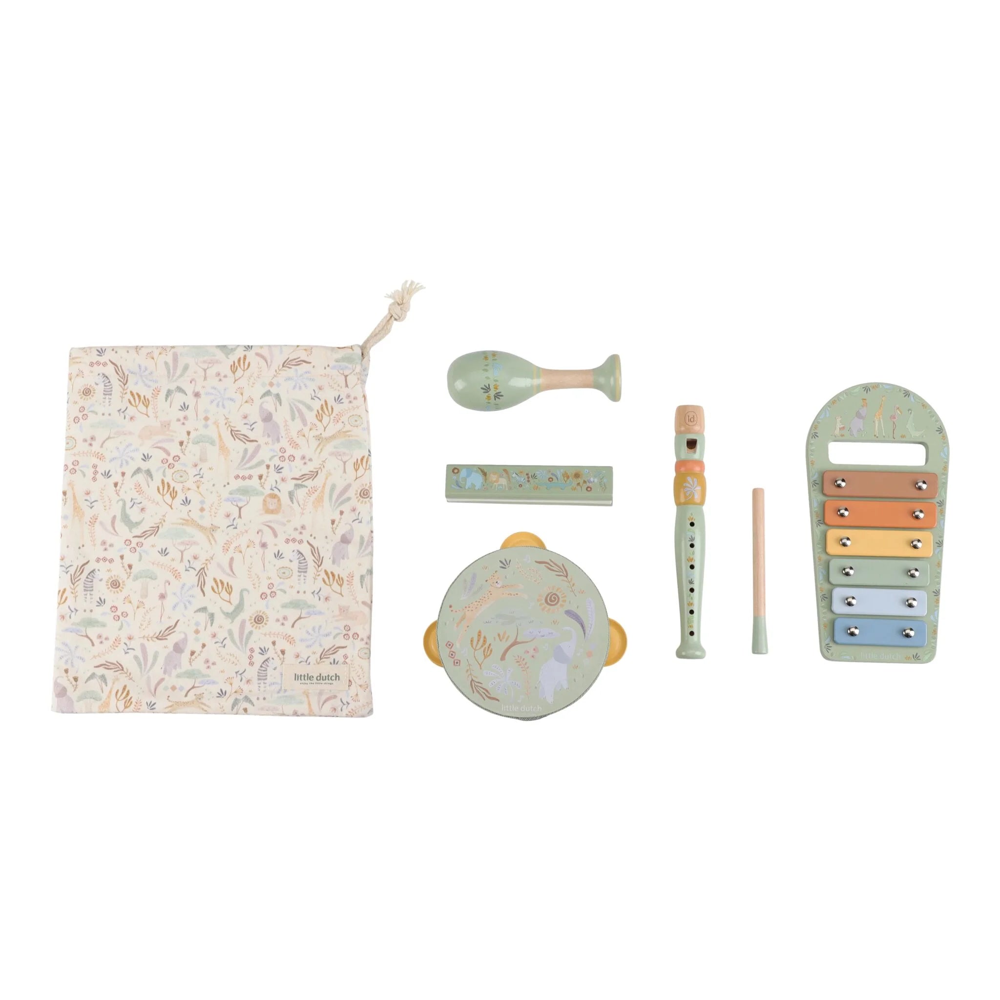 Little Dutch set de instrumente muzicale din lemn FSC  3 ani+ Safari Friends Green
