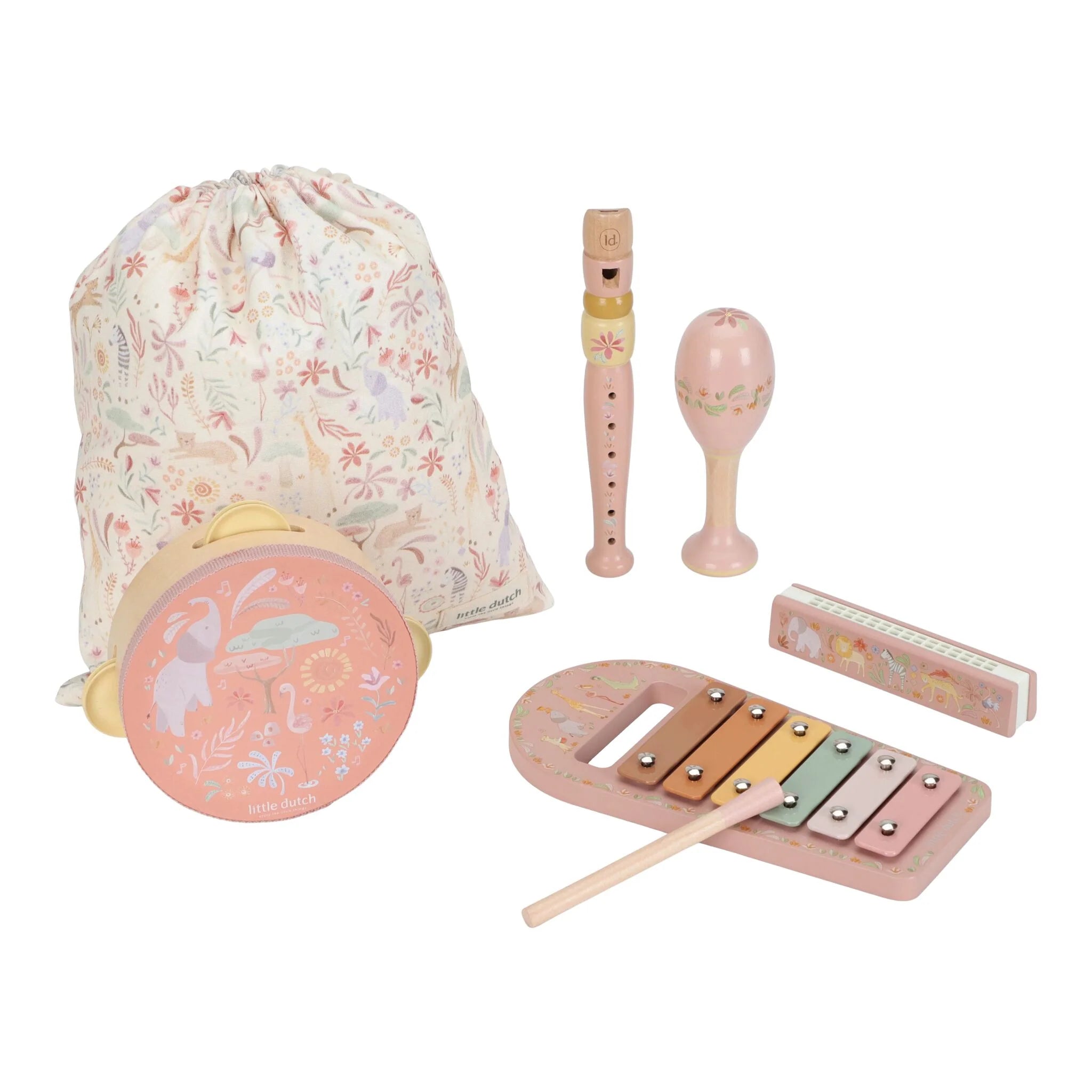 Little Dutch set de instrumente muzicale din lemn FSC  3 ani+ Safari Friends Pink