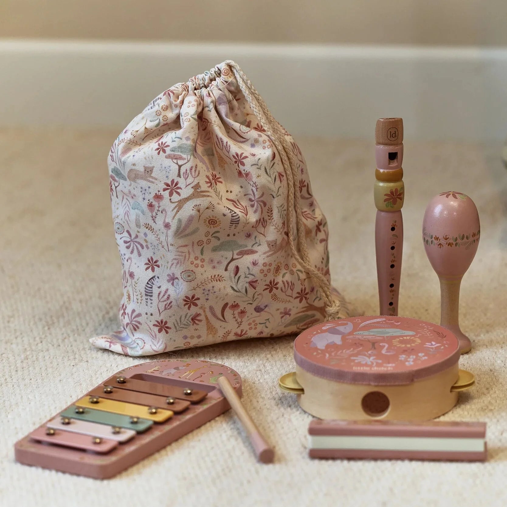 Little Dutch set de instrumente muzicale din lemn FSC  3 ani+ Safari Friends Pink