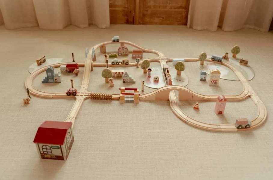 Little Dutch set de sine din lemn FSC Train Track XL 113 piese 3 ani+