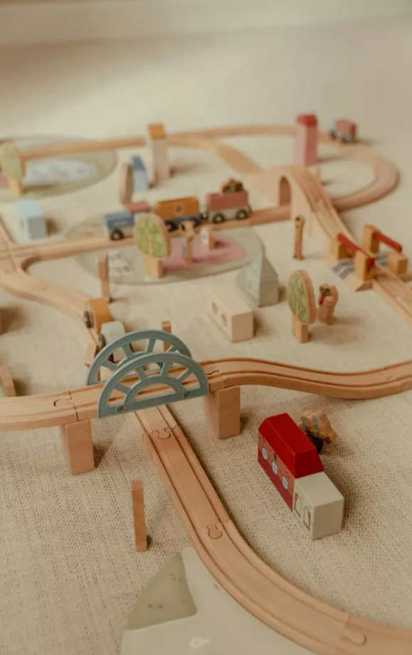 Little Dutch set de sine din lemn FSC Train Track XL 113 piese 3 ani+
