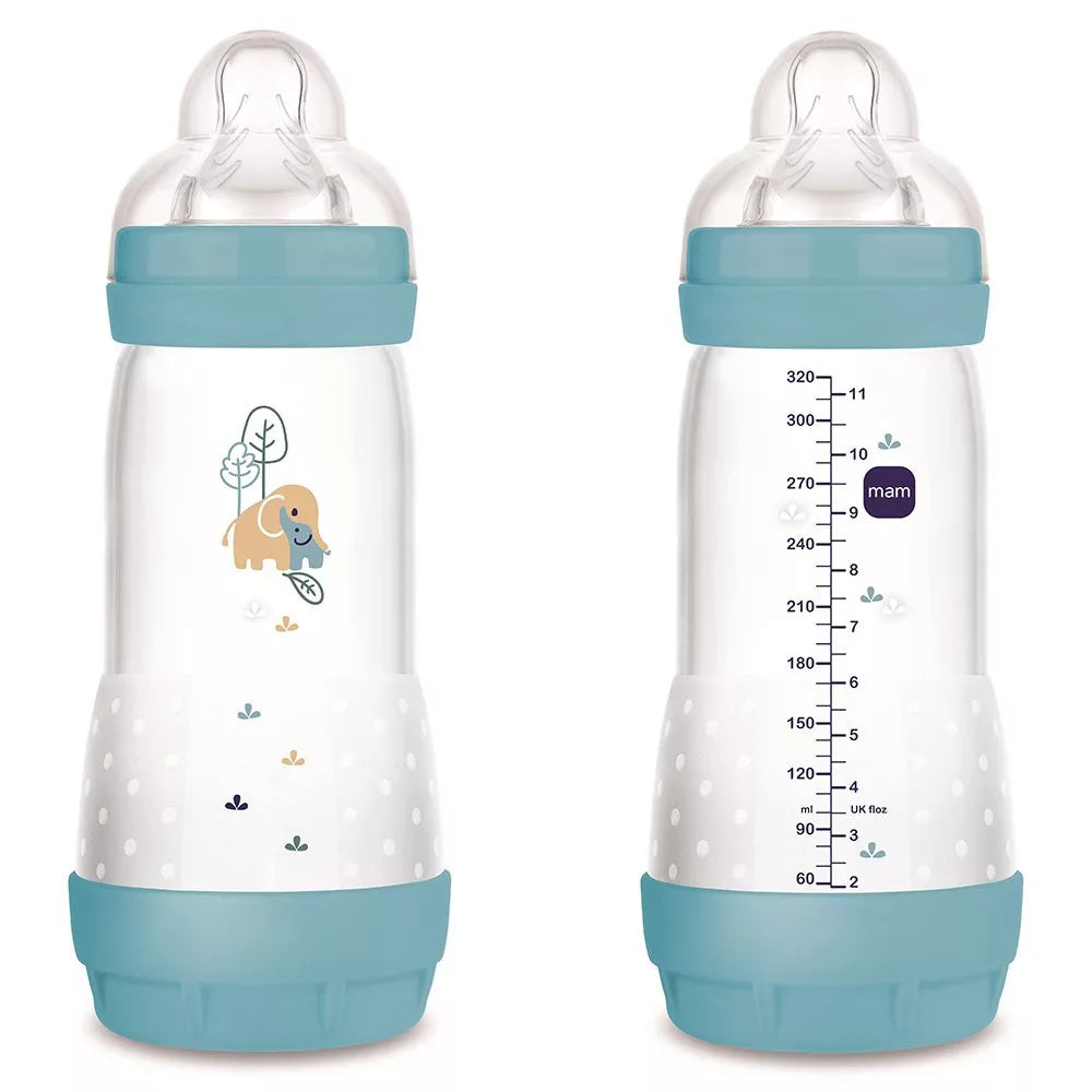 MAM biberon Anti-colic 320 ml cu tetina silicon 3 cu flux rapid 4m+ Albastru cu elefant Imagine principală a produsului