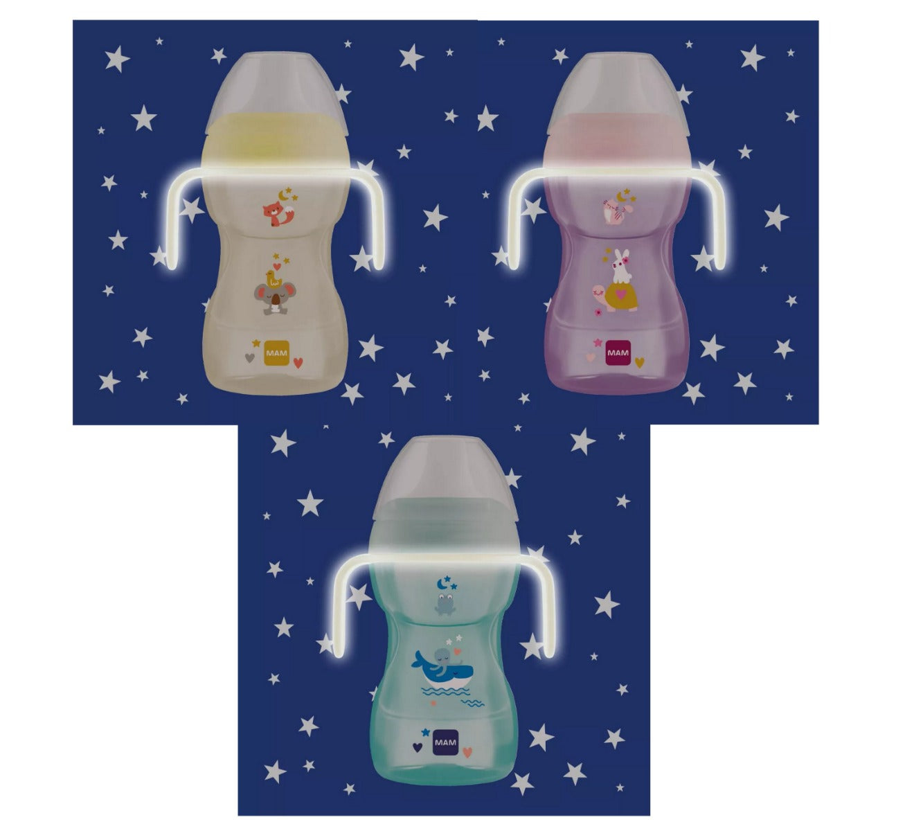 MAM cana Fun to Drink Cup Night cu maner fluorescent 270 ml, 8m+ Imagine principală a produsului
