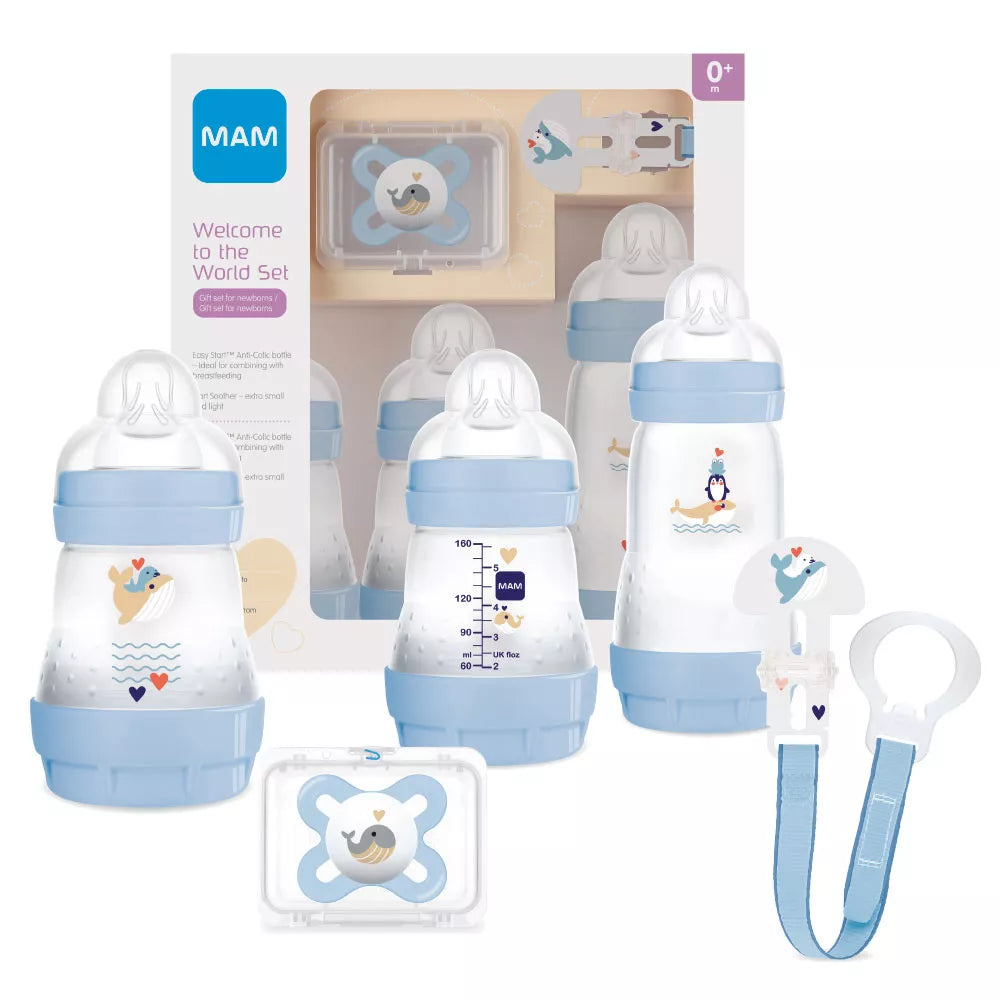 MAM set cadou incepator 5 piese Welcome to the World 0m+, Albastru cu balena si foca