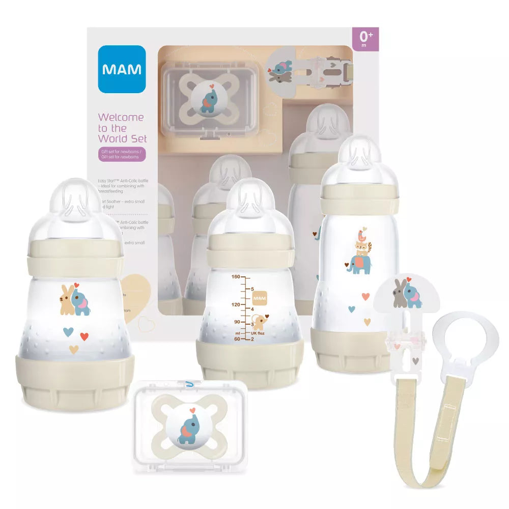 MAM set cadou incepator 5 piese Welcome to the World 0m+, Crem cu elefant si iepuras Imagine principală a produsului