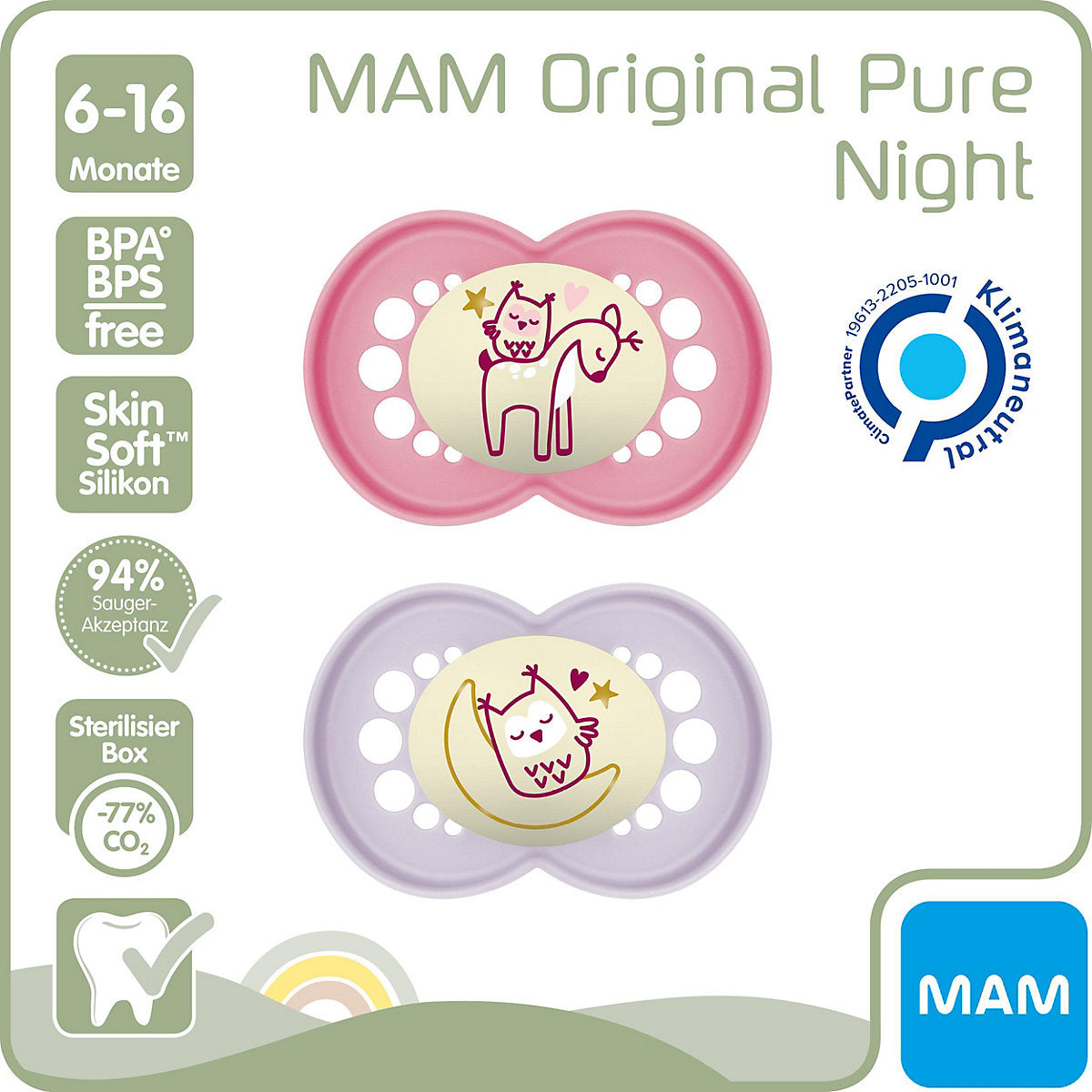 Mam suzeta silicon Original Pure Night 16m+ 2 buc