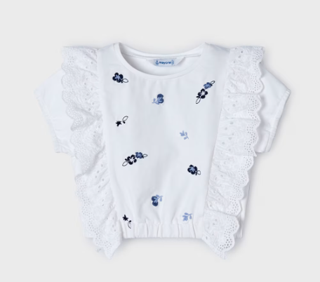 Mayoral bluza fete cu volanas si broderii 4-9 ani Alb-Indigo Imagine principală a produsului
