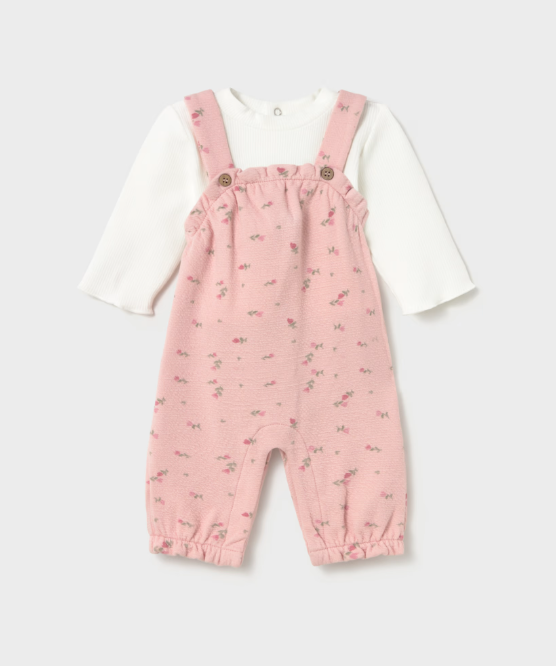 Mayoral compleu fete 2 piese cu salopeta 0-9 luni Off white-pink cu floricele