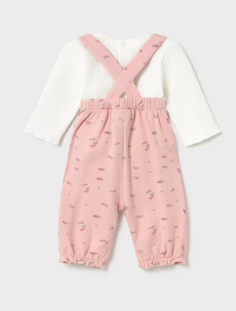 Mayoral compleu fete 2 piese cu salopeta 0-9 luni Off white-pink cu floricele