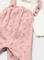 Mayoral compleu fete 2 piese cu salopeta 0-9 luni Off white-pink cu floricele