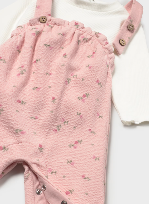 Mayoral compleu fete 2 piese cu salopeta 0-9 luni Off white-pink cu floricele