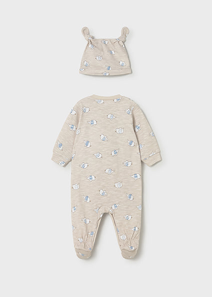 Mayoral pijama baieti cu caciulita 0-18 luni Taupe cu elefanti