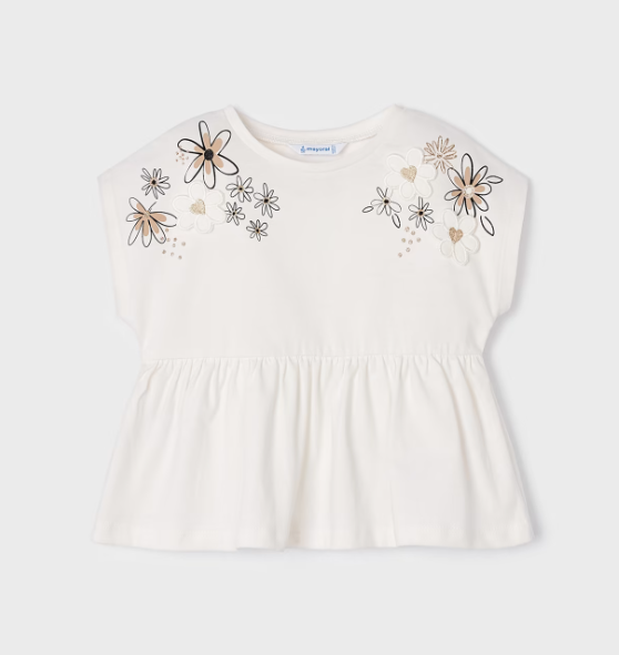 Mayoral tricou fete cu broderie 2-9 ani, Off white-negru Imagine principală a produsului