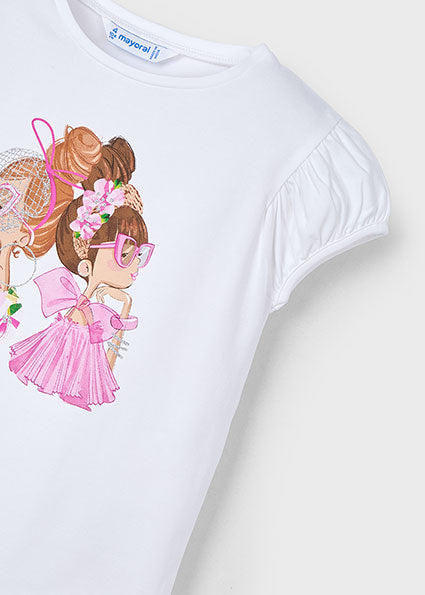 Mayoral tricou fete cu grafica 5-10 ani Alb-orhidee