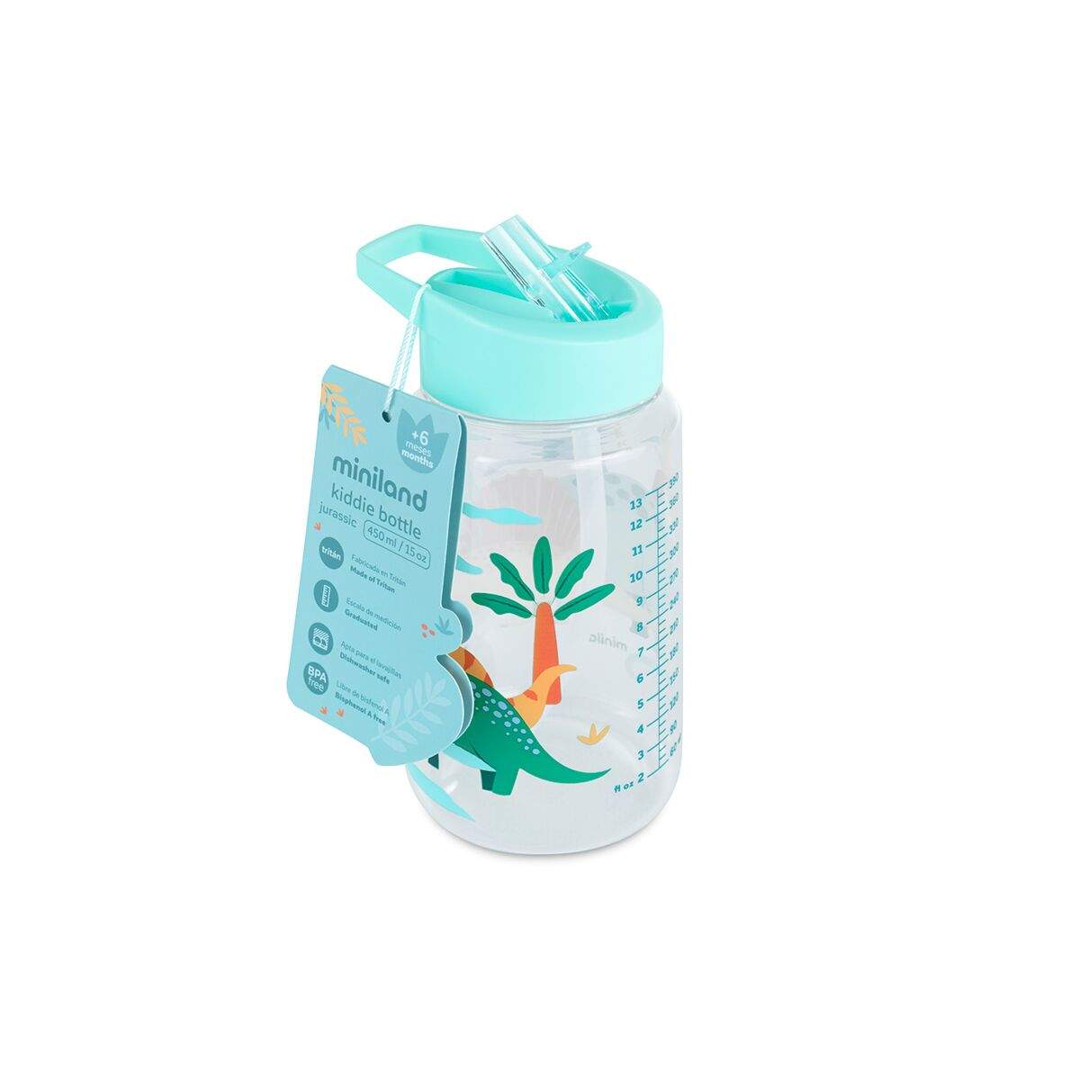 Miniland sticla de tranzitie din tritan cu pai 450 ml 6m+ Kiddie Dinosaur
